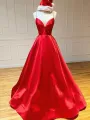 Royal Blue Satin A Line V Neck Long Prom Dress(Red,2)