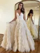 Alianna |A-Line Spaghetti Straps Tiered Tulle Prom Dress(Champagne,2)