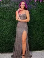 V Neck Grey Glitter Long Prom Dress With Slit