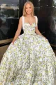 A-Line Sweetheart Floral Printed Satin Long Prom Dresses(Green,2)