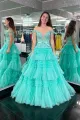 Princess A Line Off the Shoulder Light Pink Long Prom Dress with Ruffles(Aqua,2)