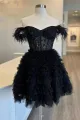 Olivia | A Line Off the Shoulder Light Blue Short Homecoming Dress with Feather(Black,2)