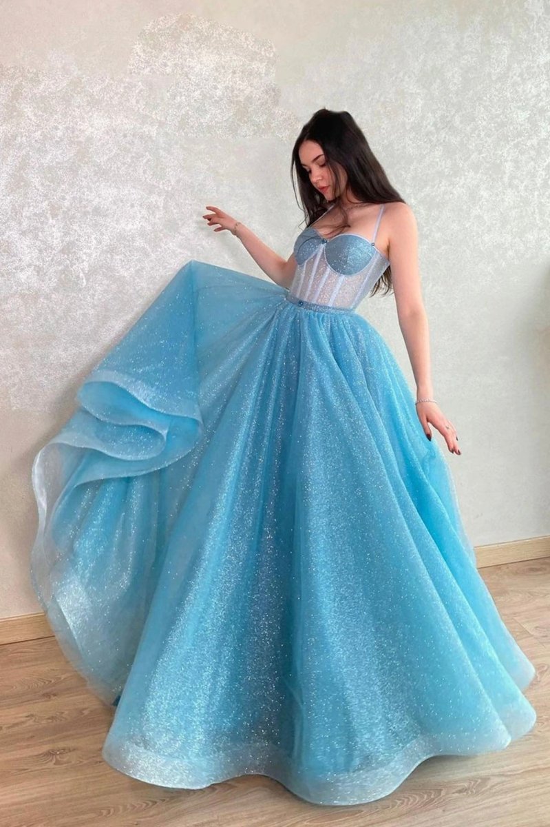 Mavis | Blue Tulle Long A-Line Prom Dress. Blue Lace-Up Evening Dress with Corset