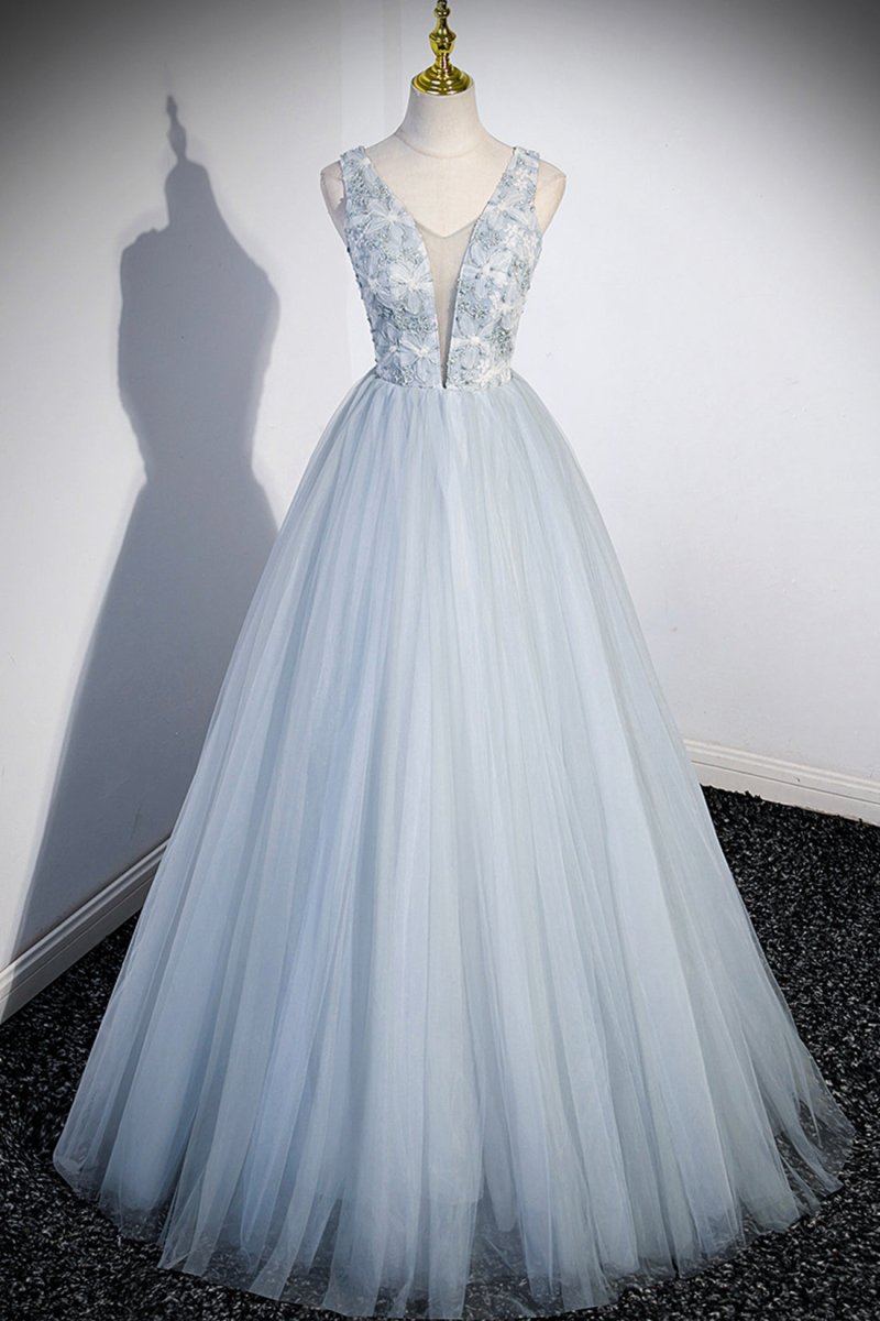 Angelica | Cute V-Neck Tulle Long Prom Dress. Gray Evening Dress Party Dress