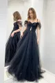 Romina | Black Tulle Sweetheart Floor Length Prom Dress. Black Tulle Off Shoulder Evening Dress
