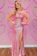 Pink Sequin Feather One-Shoulder Prom Dress with Slit