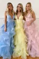 Teagan |A-line V Neck Cascading Ruffles Long Prom Dress(Blue,2)