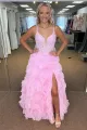 Tiffany | Pink Plunging V Ruffles Floral Long Prom Dress with Slit