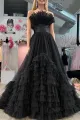 Alani |A-Line Strapless Pink Tiered Long Tulle Prom Dress(Black,2)