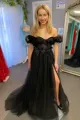 Tulle 3D Floral Lace Sweetheart A-Line Prom Dress with Slit(Black,2)