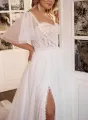 Plus Size Sweetheart Short Sleeves Sweep Train Chiffon Wedding Dresses(Diamond White,2)