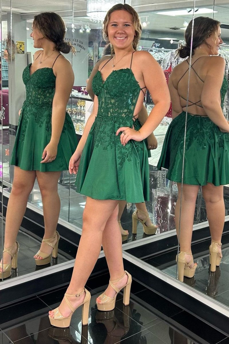 Midna | Green Appliques Sweetheart Lace-Up A-Line Short Party Dress