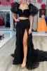 Rosalina |A Line Tow-Piece Tulle Prom Dress with Slit(Black,2)