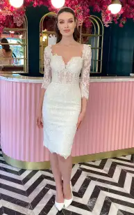 Vintage Pencil Lace Sweetheart 3/4 Length Sleeve Wedding Dress With Beading and Split Back