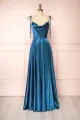 Vienna | Simple Satin Long A-Line Prom Dress Spaghetti Straps Evening Dress(Blue,2)