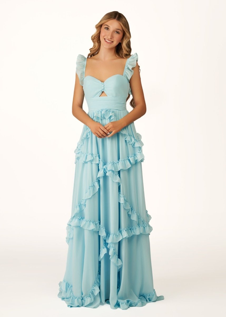 Hubery | A-Line Straps Sky Blue Chiffon Ruffles Long Prom Dress