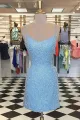 Bodycon Spaghetti Straps Pink Sequins Short Homecoming Dress with Criss Cross Back(Blue,2)