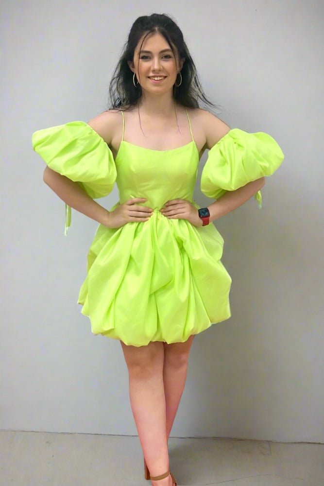 Beonna | Lemon Green A-line Ruffle Homecoming Dress with Detachable Sleeves