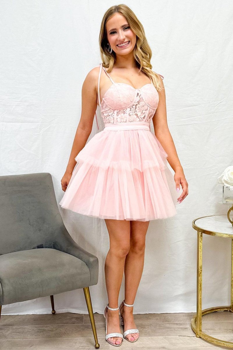 Misha | Pink Lace Sweetheart Multi-Layer Short Party Dress