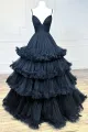 Wrenlee |A-line V-Neck Tulle Prom Dress with Tiered Ruffles(Black,2)