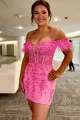 Queenie |Sheath Off the Shoulder Pink Lace Homecoming Dress