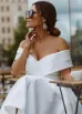 A-Line Satin Tea Length White Off the Shoulder Wedding Dress(White,2)