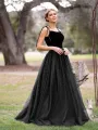 Spagatti Straps Velvet Tulle Floor Length Prom Dress(Black,2)