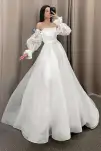 White Off the Shoulder Pleated A-Line Long Wedding Dress with Sleeves