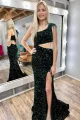Paola | Sequin Feather One-Shoulder Mermaid Long Dress with Slit(Green,2)