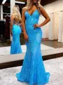 V Neck Pink Glitter Backless Mermaid Bodycon Long Prom Dress(Blue,2)