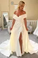 Satin White Off-the-Shoulder Long Wedding Dress with Slit(Diamond White,2)