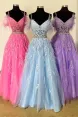 Amalia |A line V Neck Lace Tulle Prom Dress with Beading and Feather(Fuchsia,2)