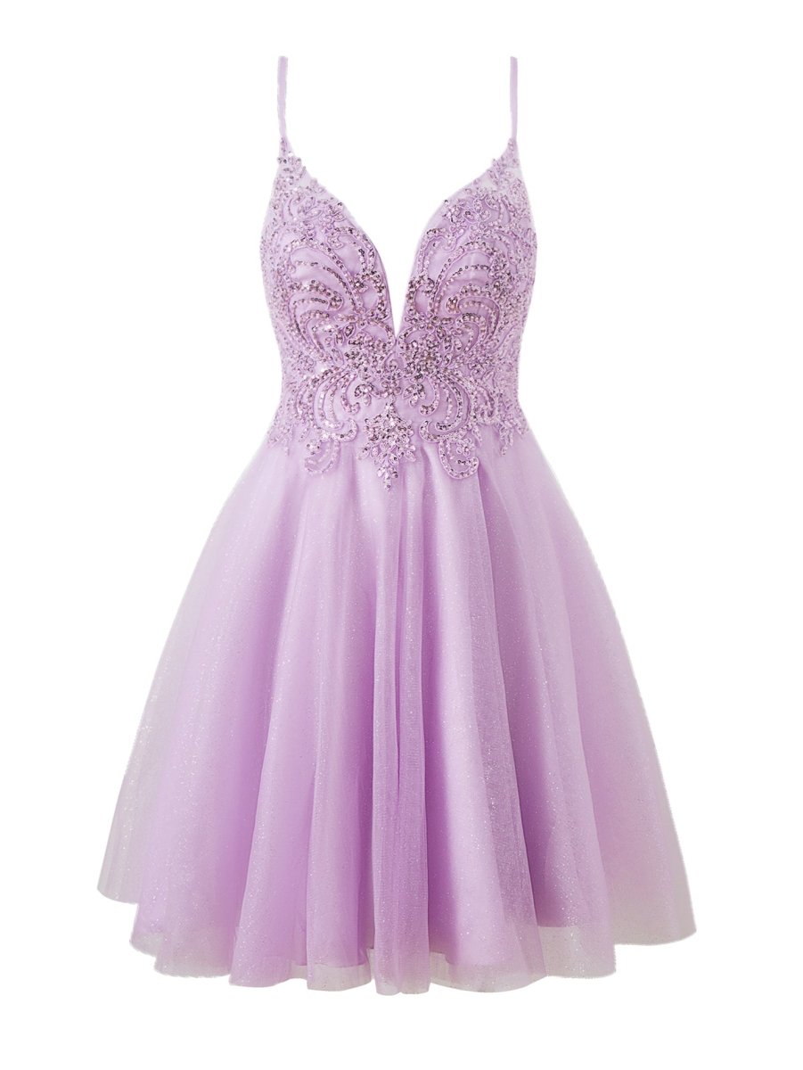 Mya |A line Short Spaghetti Strap Glitter Tulle Homecoming Dress