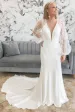 Ivory Plunge V Mermaid Long Wedding Dress with Balloon Sleeves