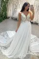 A-Line V Neck Chiffon Boho White Appliques Wedding Dresses