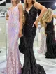 Bonnie |Mermaid V Neck Sequined Lace Long Prom Dress(Black,2)