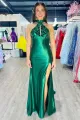 Romi | Mermaid Halter Dark Green Satin Long Prom Dresses with Beads