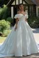 White Puff Off-the-Shoulder V Neck Sweeping Long Wedding Dress