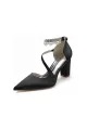 White Satin Heels with Cross-Strap Design and Pearl-Accented Buckle(Black,US5)