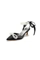 Pearl Ribbon Pointed Toe Ankle Strap High Heels(Black,US5)