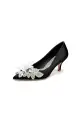 Floral Beading Pointed Toe Satin Kitten Heels(Black,US5)