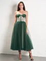 Strapless Puffy Midi Tulle Dress(Emerald Green,2)