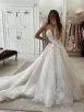 A Line Spaghetti Straps Deep V Neck White Lace Appliques Wedding Dress(White-Nude,2)