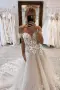 A-line Lace Beach Wedding Dress with Off Shoulder Tulle Appliques(White-Nude,2)