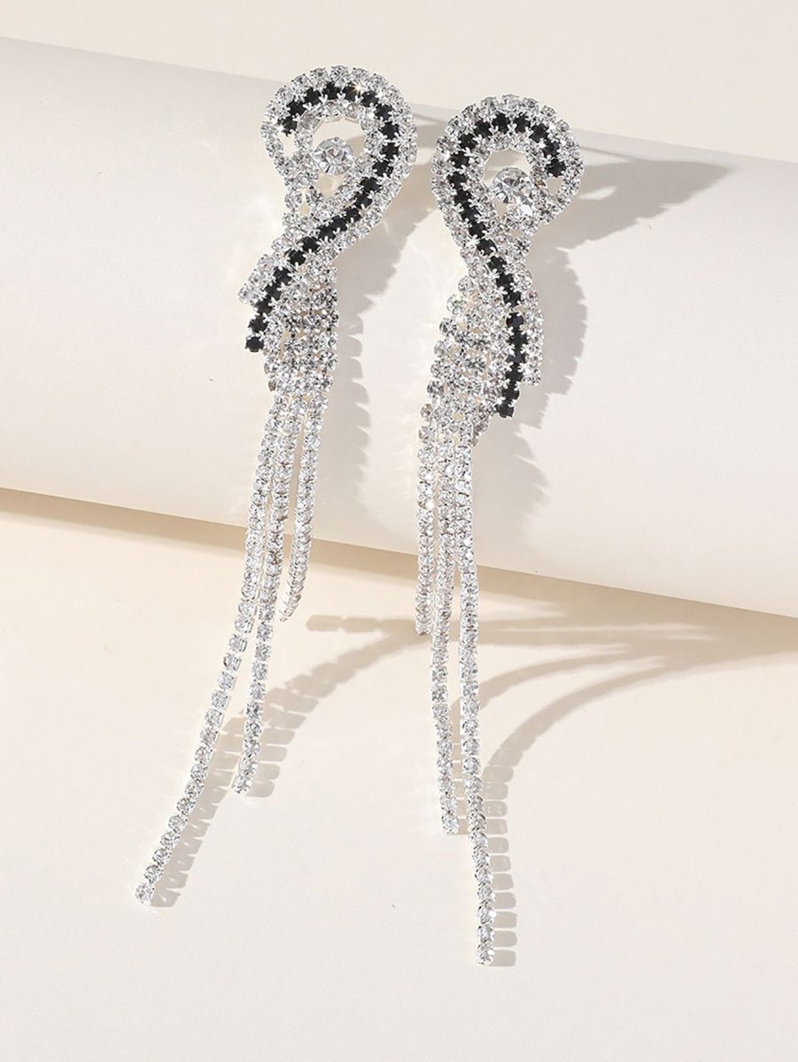 Silver Rhinestones Tassel Long Chain Earrings