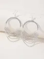 Silver Rhinestones Tassel Hoop Round Earrings