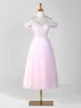 Sweetheart Neck Off the Shoulder Tea Length Tulle Prom Dress(Pink,2)