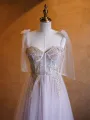 A-line Corset Applique Tulle Bow Straps Long Prom Dress with sweep train(Pink,2)
