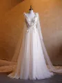 A-line Tulle Embroidery Deep-V Neck Floor-Length Prom Dresses