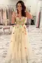 Alina | Gorgeous V-Neck Floral Long Formal Dress with Embroidery